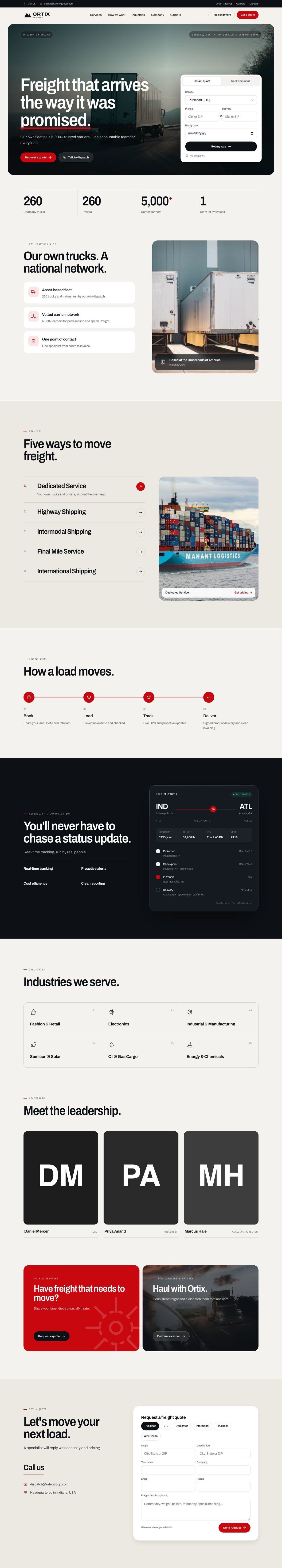 Full-page screenshot of the Ortix Freight sample site on desktop